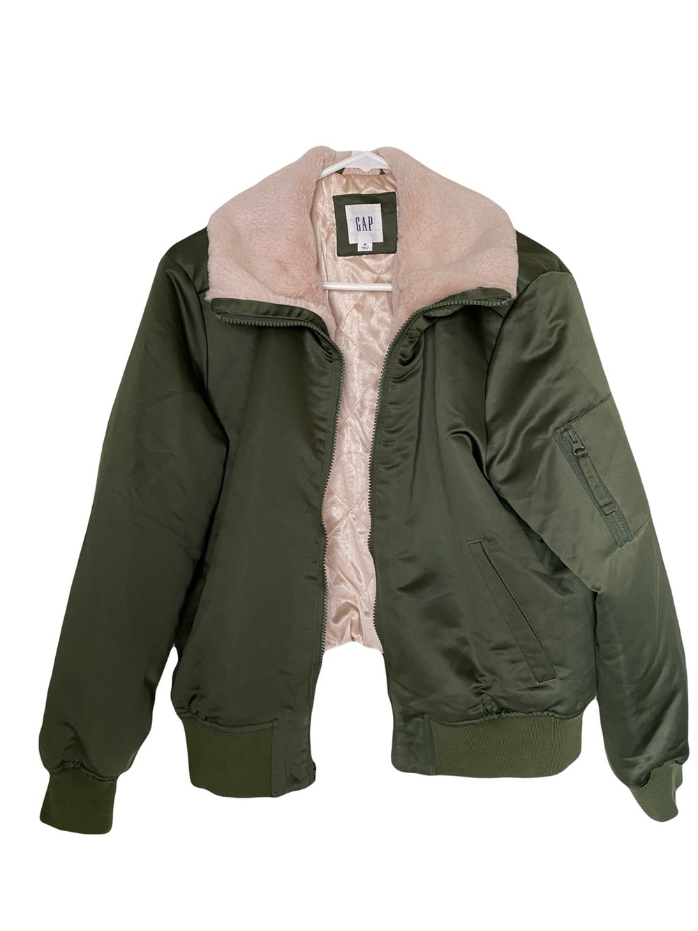GAP Green Bomber Jacket with Light Pink Faux Fur Collar